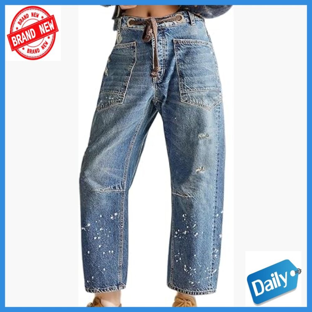Pull-On Barrel Jeans Boyfriend Fit Elastic Waist Stretchy Denim Pants
